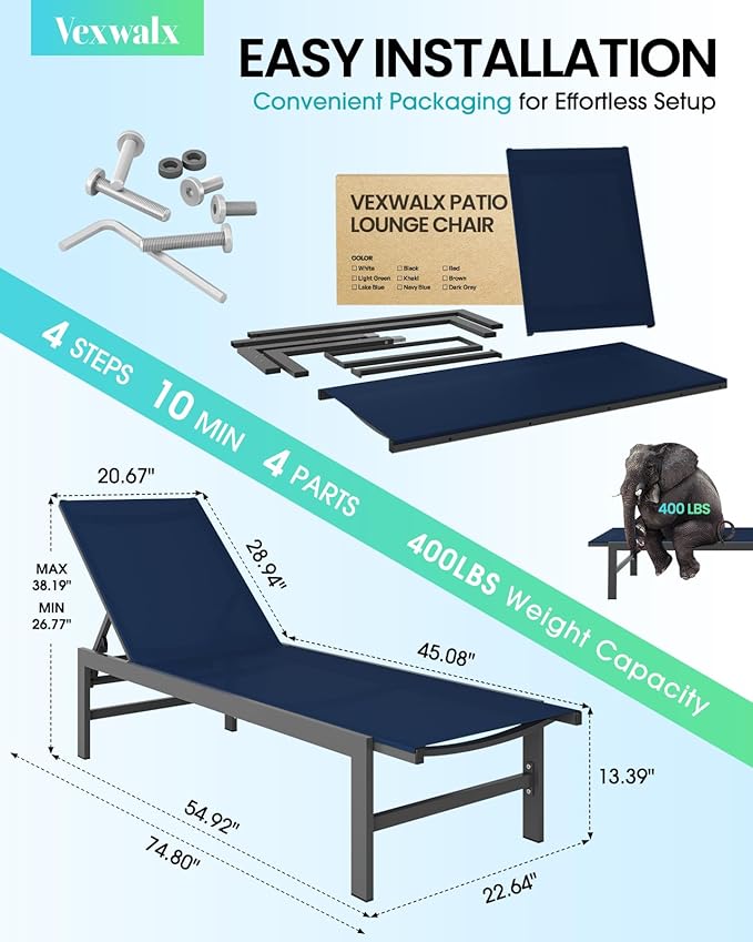 Vexwalx Outdoor Lounge Chairs Set of 2, Aluminum Patio Chaise Lounge Chairs