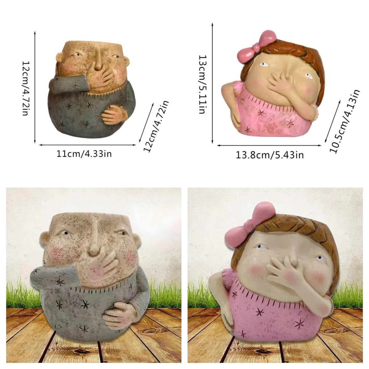 MOSYFEIBI Boy and Girl Planter Pot Set of 2, Whimsical Kids Planters for Indoor Outdoor Plants, Resin Succulent Pot with Drainage, Weather-Resistant Farmhouse Garden Decor (Boy and Girl)