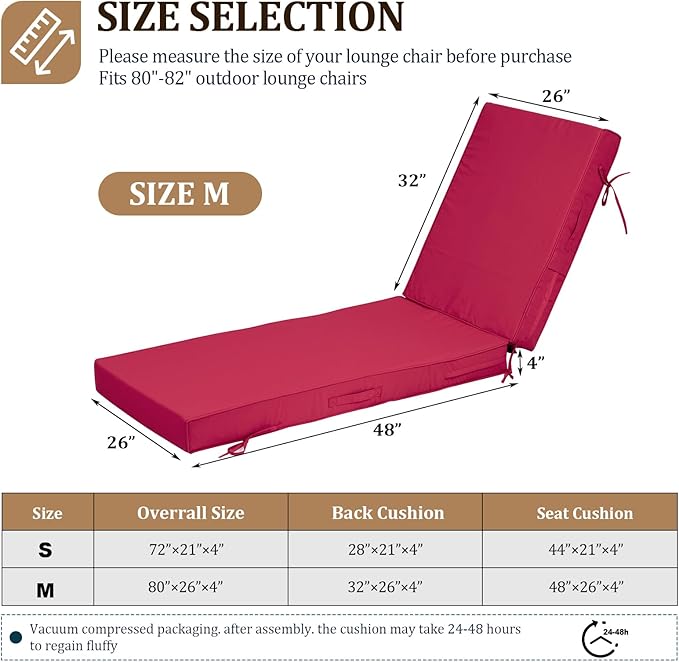 80x26x4in Lounge Cushions for Outdoor Furniture, Outdoor Lounge Chair Cushions