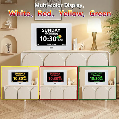 MRCHYDZ 7 Inch Clock with Day and Date for Elderly Large Display Digital Clocks 12 Alarm 3 Display Modes Large Font Alzheimer's Clock Alarm Clocks for Seniors Auto DST White