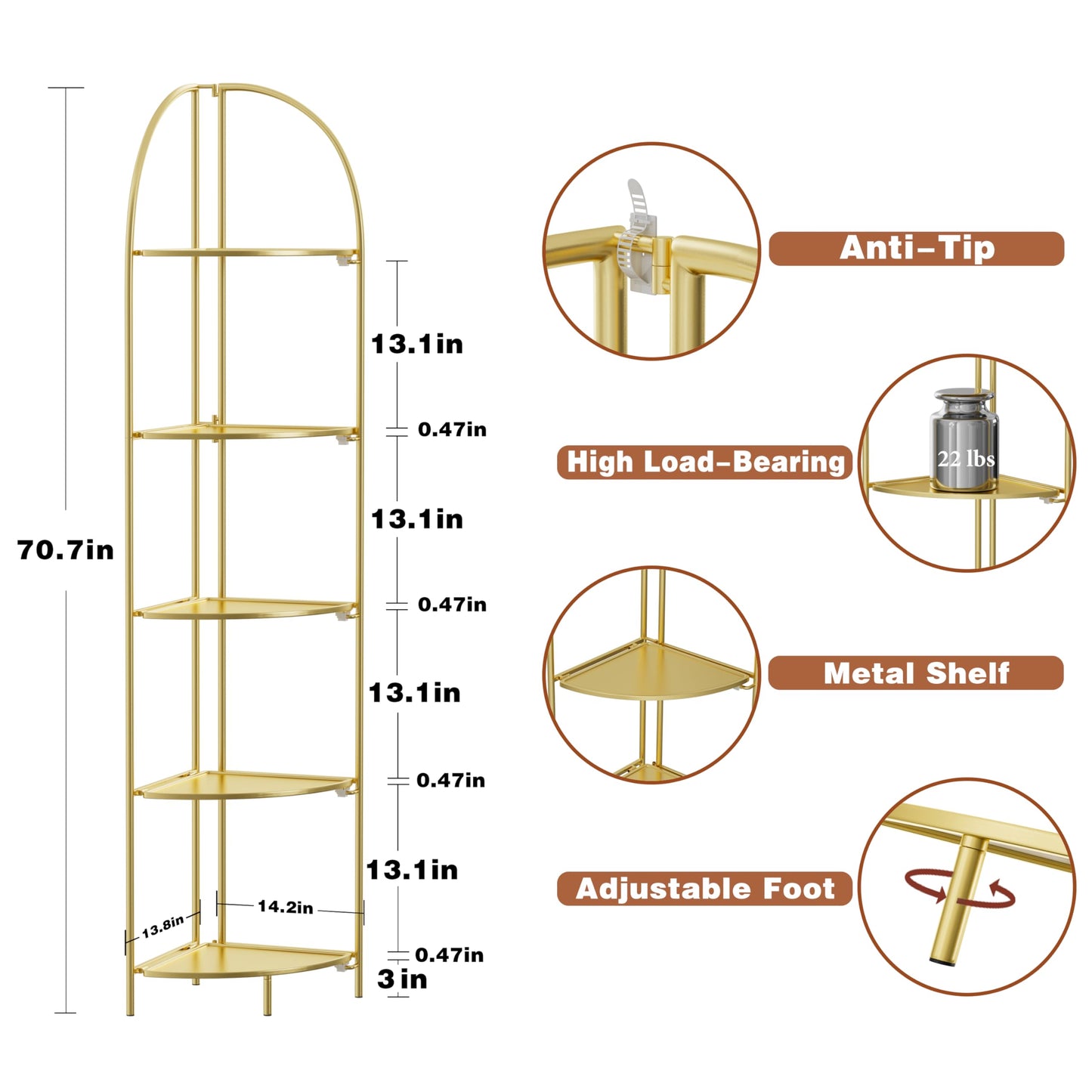 Crofy Foldable 5 Tier Corner Shelf, Metal Corner Plant Stand with Gold Frame and Gold Shelves, Corner Display Rack Multipurpose Shelving Unit for Living Room, Bedroom, Bathroom