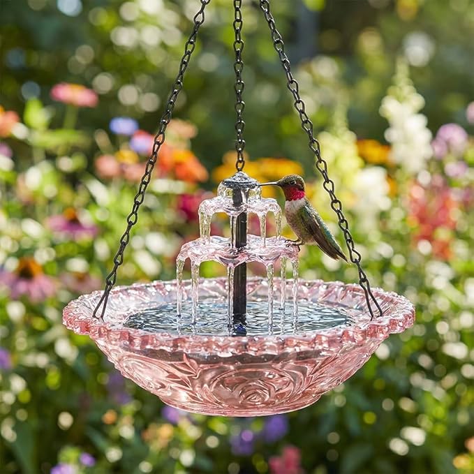 Solar Hanging Bird Bath with Fountain Cascade, Solar Powered Cascade Hanging Bird Bath Fountain with Solars Pump,for Outdoor and Gardens (Pink)