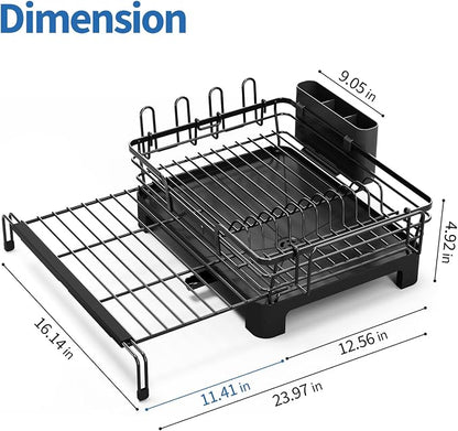 TOOLF Dish Drying Rack - Expandable Dish Rack, Large Capacity Dish Drainer for Kitchen Counter, Stainless Steel Dish Strainer with Cups Holder & Utensil Holder,Black