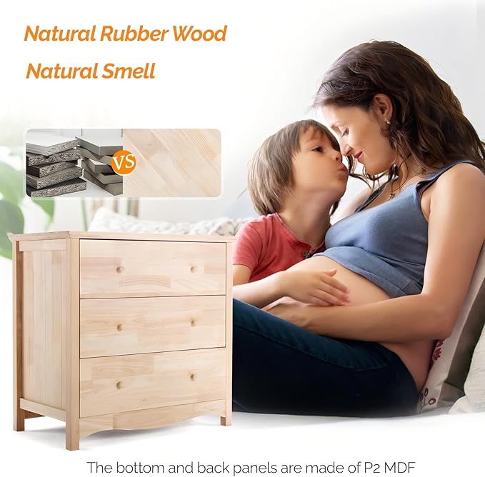 VINGLI Unfinished Solid Wood Dresser Color DIY, 3 Drawer Dresser, Natural