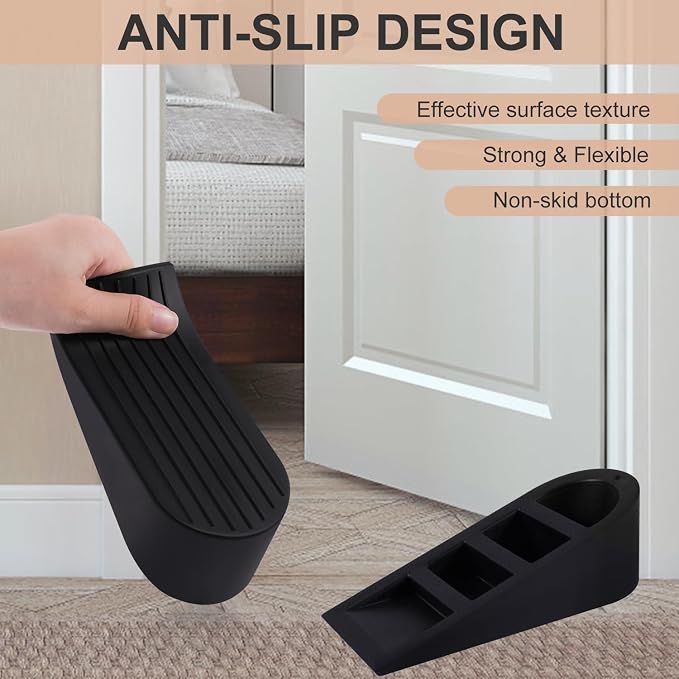 JZWBLILY Big Door Stoppers for Bottom of Door on Floor, Premium Big Rubber Door Stop Wedge, Floor Sturdy Stackable Door Stops for Carpet Heavy Duty Door, Door Gaps (Big 2 Pack, Black)