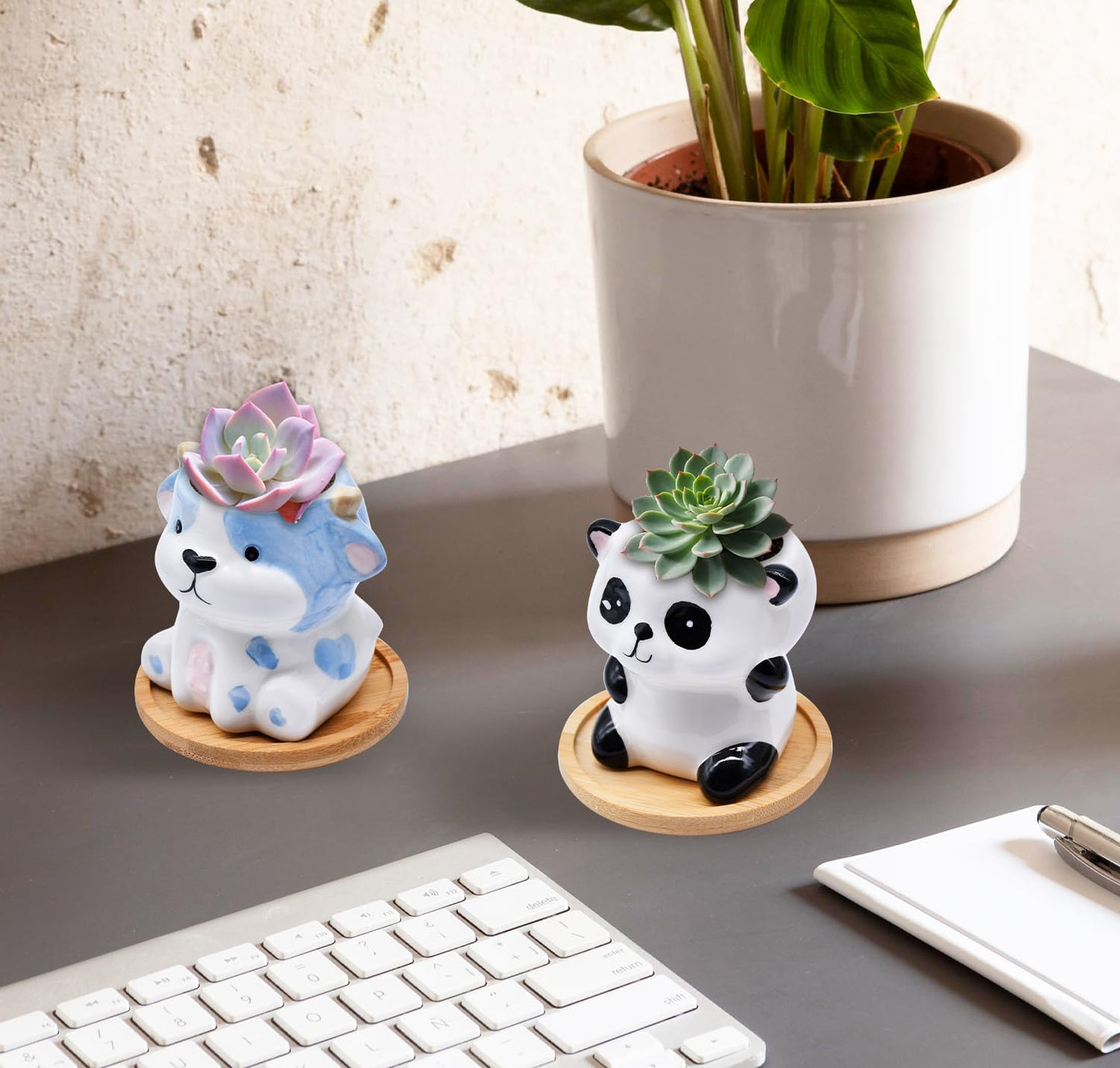 6 Pack Animal Ceramic Succulent Pots with Drainage – Mini Cute Planters with Bamboo Trays for Indoor Plants & Cactus, Adorable Animal Pots for Desk, Office, Home Decor, Gift for Kids & Plant Lovers