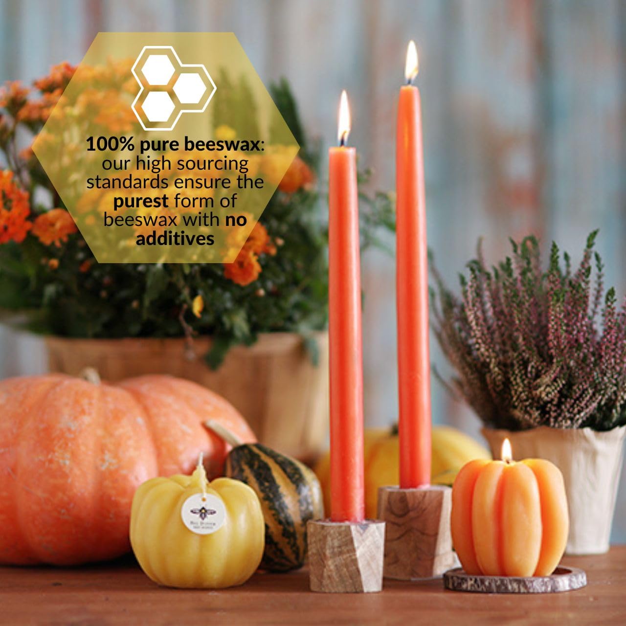 Big Dipper Wax Works Pumpkin Hand-Dipped Beeswax Taper Candles – 12” x 7/8”, 2-Pack, 100% Pure Beeswax, Long Burning, Clean, Cotton Wick, Handmade in USA, Home Décor & Wedding Candles