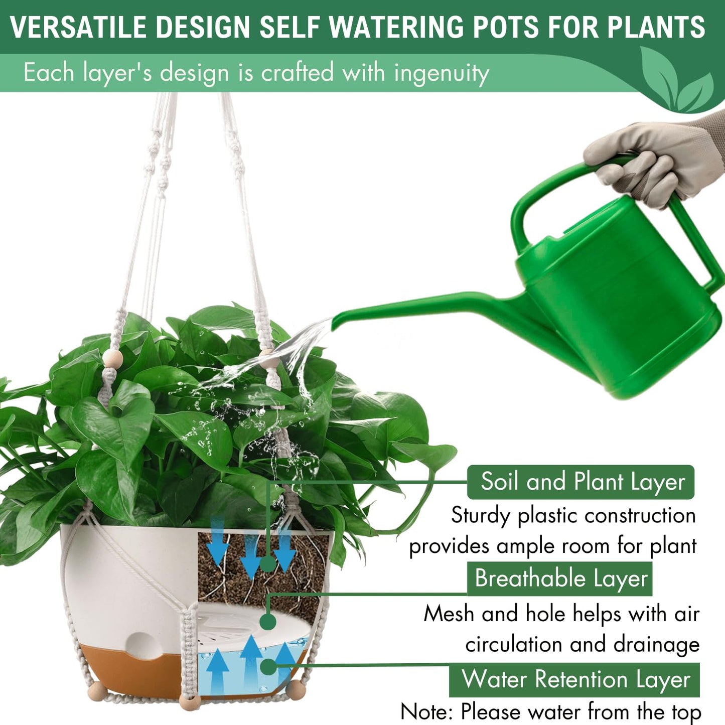10 Inch Hanging Planters for Indoor Plants,Set of 2 Hanging Pots for Plants with Self-Watering, Outdoor Hanging Plant Pot with Drainage and 2 Kinds of Baskets Hangers for Home Decor and Garden