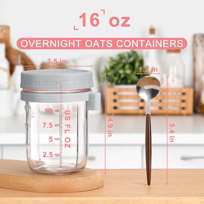 16oz Glass Mason Overnight Oats Jars, Cereal, Yogurt, Salad Lunch,Glass Overnight Oats Containers with Lids and Spoon, Container with Measurement Marks - (Grey-2Pcs)