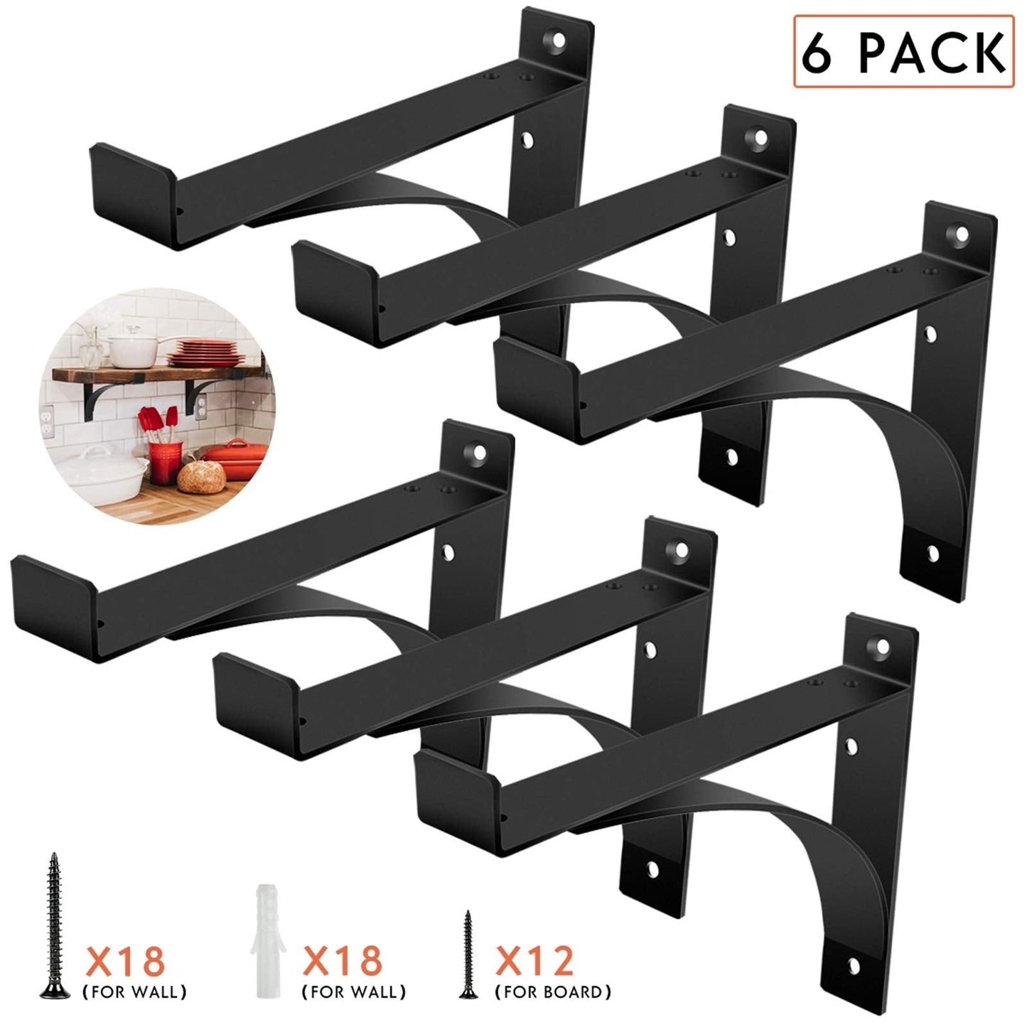Heavy Duty Shelf Brackets, 8 Inch 6-Pack Exquisite Shelf Brackets, Strong Support Mental L Brackets Heavy Duty Floating Shelf Brackets, Black