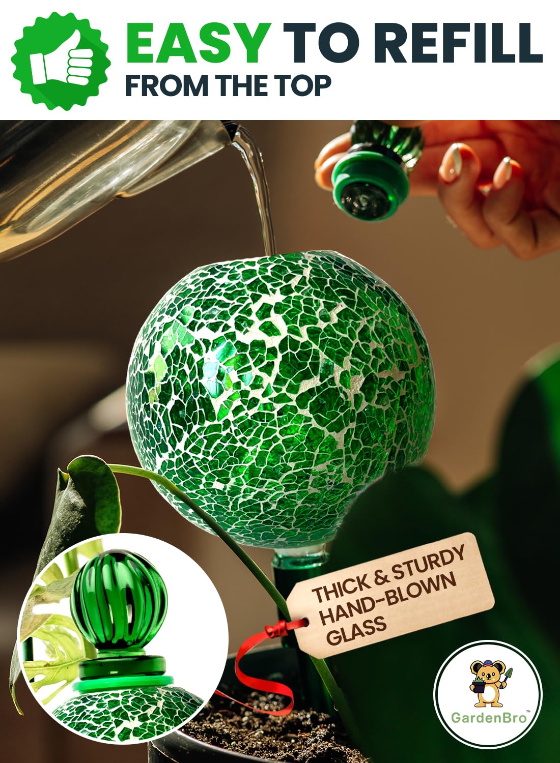 16 Oz Plant Watering Globes for Indoor Plants with Metal Self Watering Planter Insert - Premium XL Glass Hand-Blown Globe - Automatic Plant Waterer Indoor, Gift Idea for Gardeners [1 Globe, Mosaic]