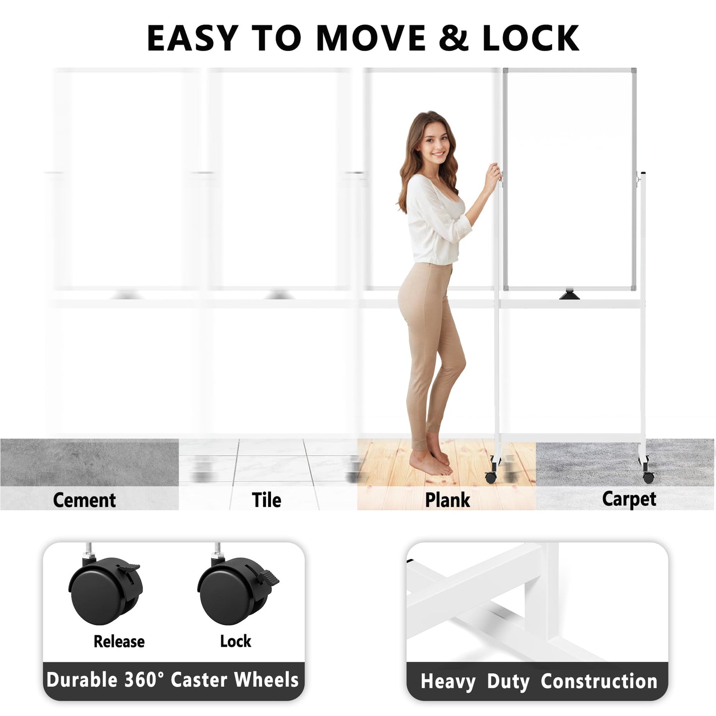 Large Rolling Whiteboard on Wheels, 40" x 24" Double-Sided Mobile White Board with Stand, Portable Standing Magnetic Dry Erase Board Easel for Home Office Classroom School, Silver