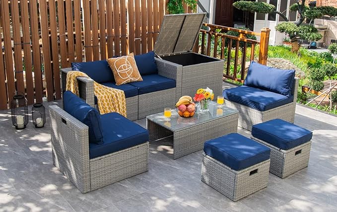 Tangkula 8 Piece Patio Wicker Furniture Set, Patiojoy Space Saving Outdoor PE