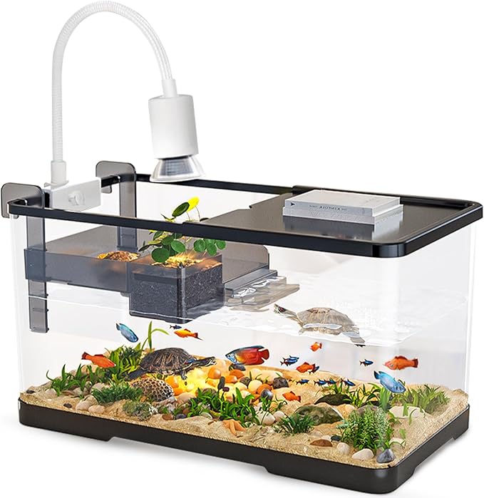 (Tank + Light + Filter + Filter Balls) Turtle Tank Kit, Turtle Tank Starter Kit,Bottom Drainage, Multi-Function Areas for Turtles, Crabs,Fishes, Amphibians,Reptiles. (21.65 × 12.28 × 12.28 Inch)