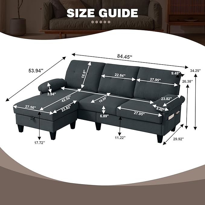 84" Convertible Sectional Sofa, Deep 3-Seater L Shaped Sectional Couch