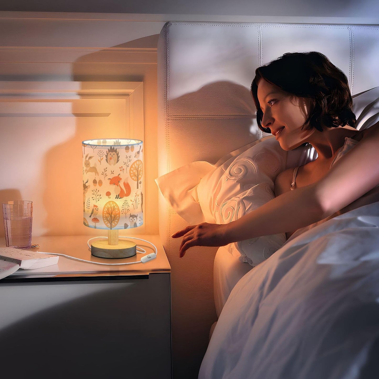 Oarencol Bedside Table Lamp Woodland Animals Nightstand Lamp with Wood Fox Owl Deer Buuny Trees Leaves Desk Lamps for Bedroom Living Room Nursery Office Home Decor