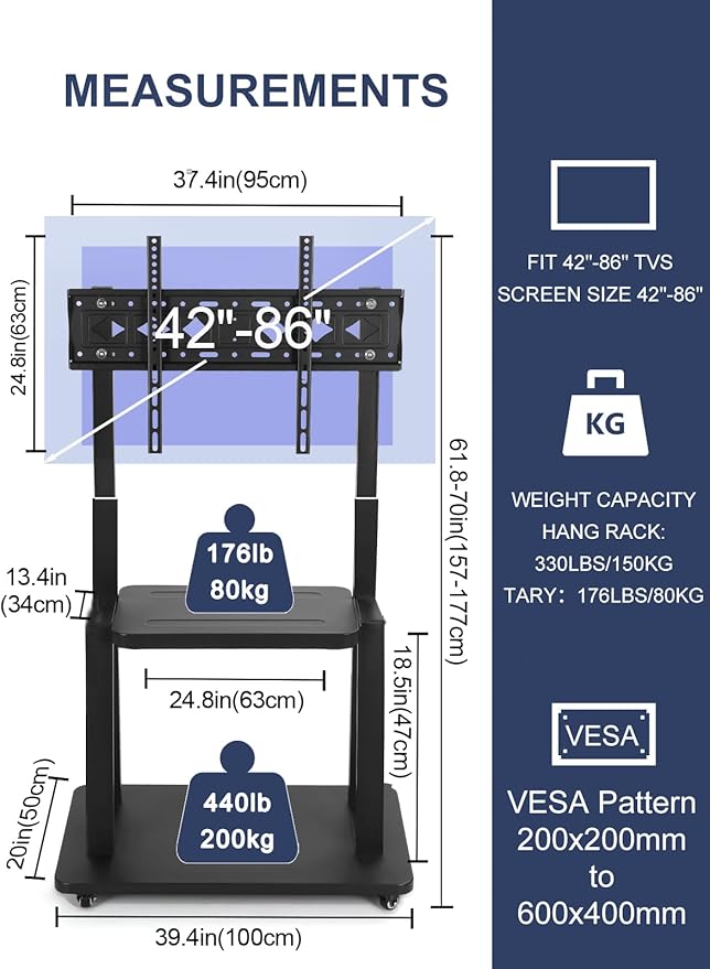Mobile TV Stand on Wheels for 42-86 Inch Flat/Curved LED/LCD/OLED Rolling TV