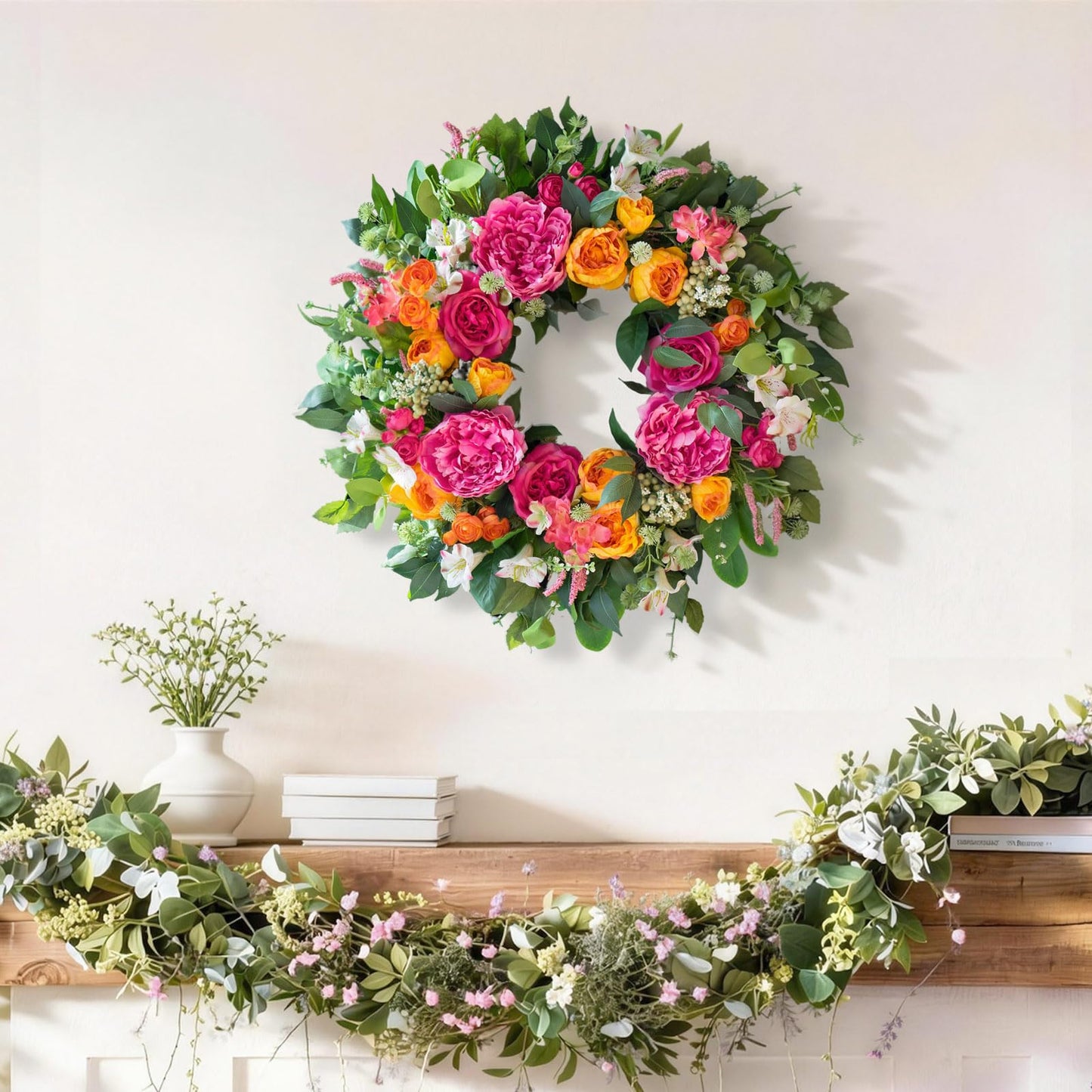 CHvista 24 Inch Spring Wreaths for Front Door Outside,Handcrafted Garden Rose & Peony Style Summer Wreath with Pink,Orange Ivory Flowers- Lush Spring Door Wreath for Farmhouse Home Wall Porch Window