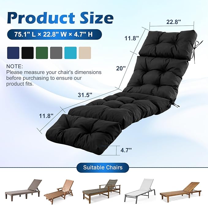Chaise Lounge Cushions Outdoor, Waterproof & Fade Resistant Patio Lounge Chair