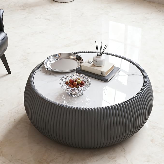 SSLine Round Drum Coffee Table Modern Sintered Stone Top Coffee Table in Grey