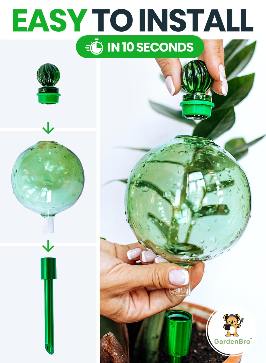 16 Oz Plant Watering Globes for Indoor Plants with Metal Self Watering Planter Insert - Premium XL Glass Hand-Blown Globe - Automatic Plant Waterer Indoor, Gift Idea for Gardeners [1 Globe, Green]