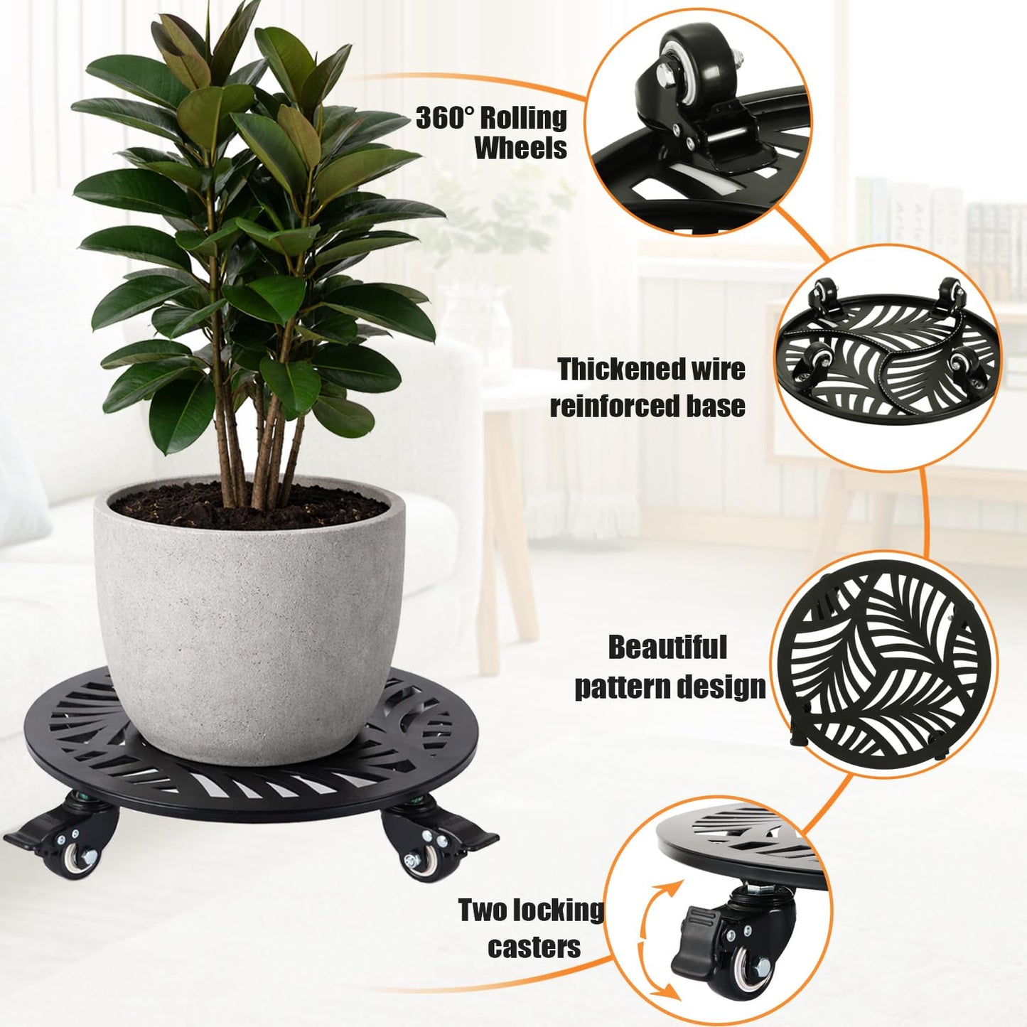 2-pack 16" Metal Plant Caddy with Wheels Extra-large Heavy-duty Rolling Plant Stands with Casters Wheeled Planter Dolly Pot Mover Rollers Rust-proof Round Garden Trolley Coaster for Indoor Outdoor