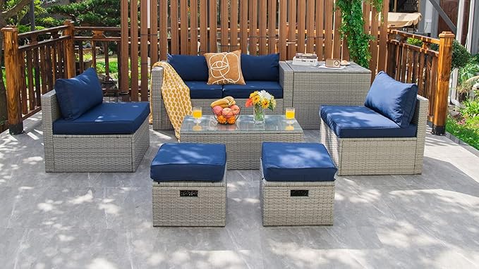 Tangkula 8 Piece Patio Wicker Furniture Set, Patiojoy Space Saving Outdoor PE