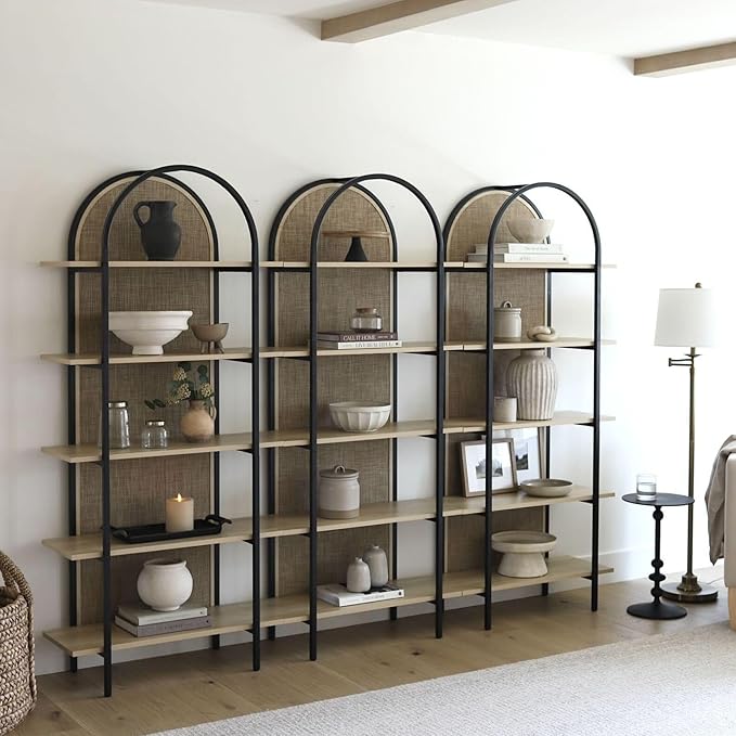 Nathan James Amara Bohemian 5-Shelf Etagere Bookcase, Rattan Open Bookshelf
