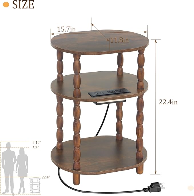 MaxSmeo Side Table with Charging Station, 3-Tier Small End Table with USB Ports