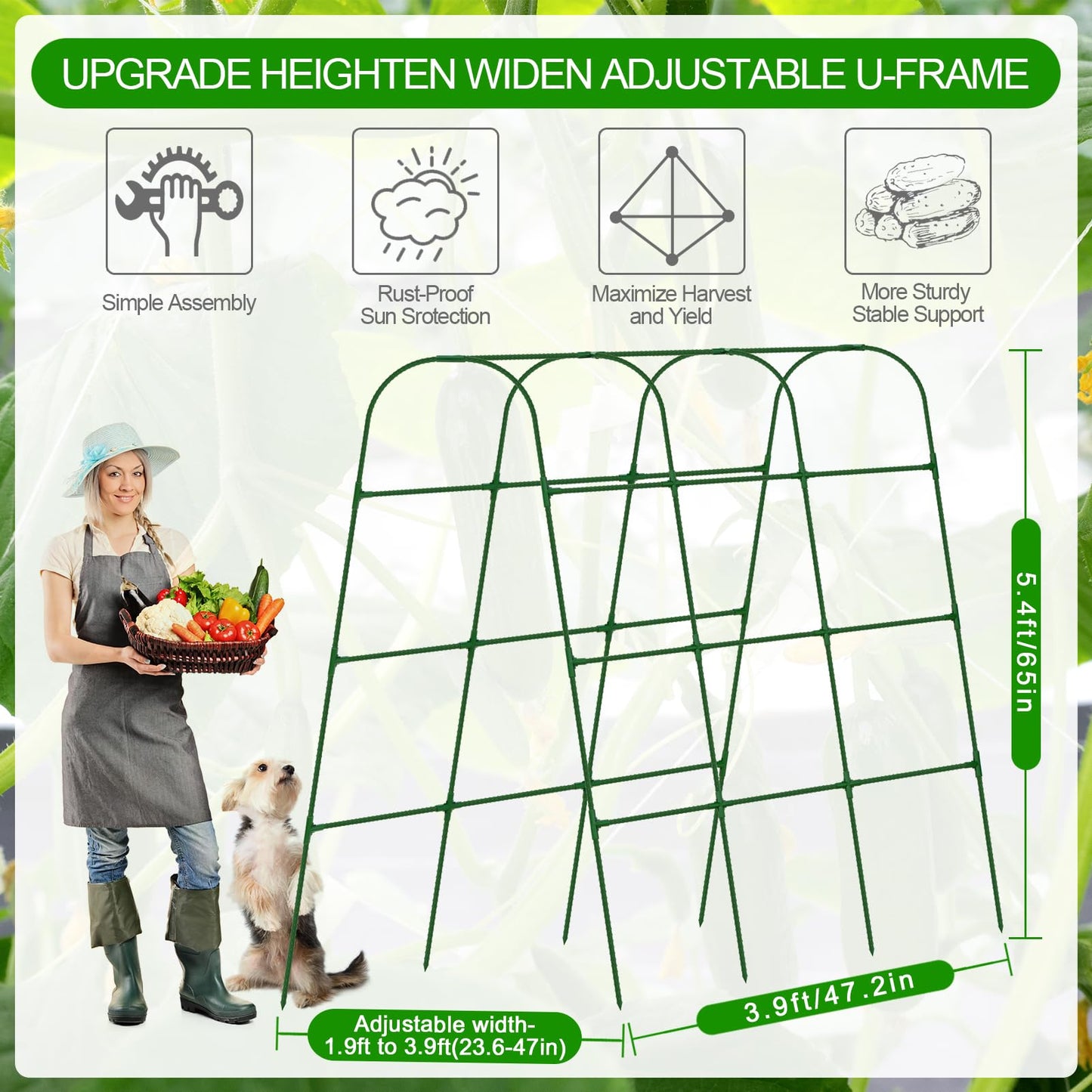 Extra Large Cucumber Trellis for Raised Bed, U-Shape Garden Trellis for Climbing Plants Outdoor,Adjustable Metal Arch Vegetables Trellis,Plant Support Garden Stakes for Vine (Green,65"x49.2"x23.6")