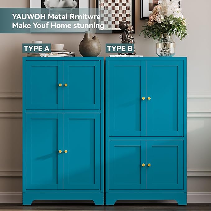 YAUWOH Blue Bathroom Floor Cabinet, Metal Storage Cabinet