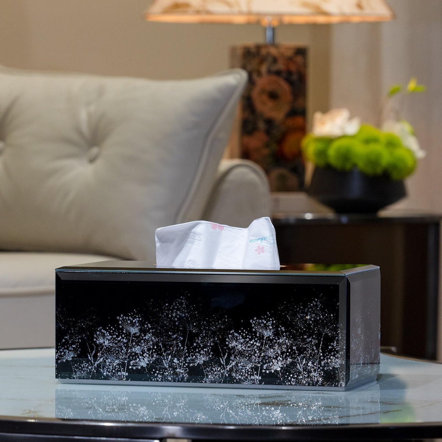 Timetrace Glass Tissue Box Cover Rectangle-Dandelion Pattern Decorative Tissue Holder with Velvet Lining for Home Decor, Bedroom, Kitchen, Office (Black)