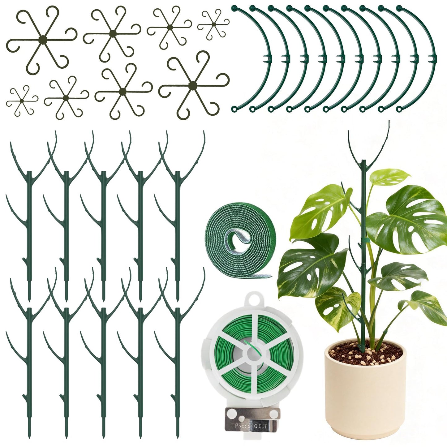 SHAOKAOLU 30Pcs Plant Stakes for Indoor Plants, Stackable Monstera Stake with Stem Supports & Garden Wire for Monstera, Pothos, Money Plant, Outdoor Plants