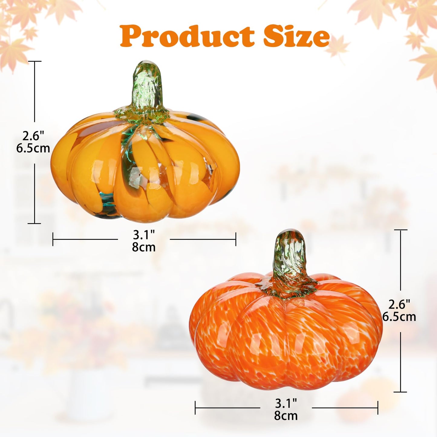 Glass Pumpkin Fall Decor Set – 2 PCS Handblown Pumpkins for Autumn Decorations, Halloween, Thanksgiving, Harvest Table Centerpiece, Mantel Fall Accents