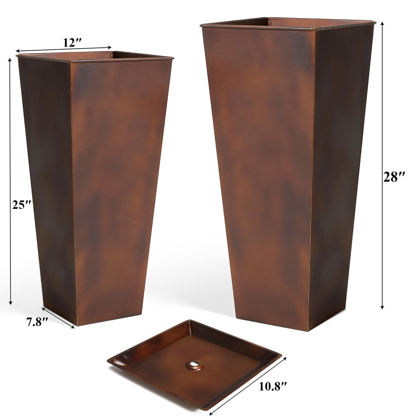 Worth Garden Large Metal Planter Set of 2 (25" & 28" H.), Matte Bronze Retro Finish Tall Square Tapered Steel Plant Pots, Decor Flower Pot Indoor & Outdoor, Drainage Hole & Dual-Purpose Plant Saucer