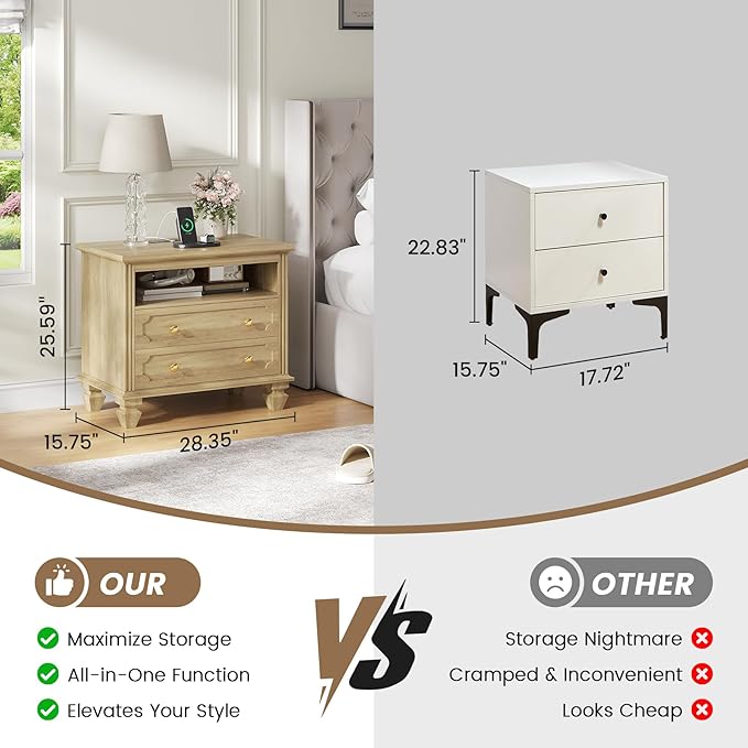 FREDEES 28'' Large Nightstands Set of 2, Smart Bedside Tables