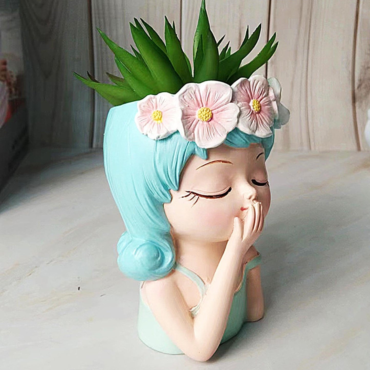Flower Face Planter - Head Planter, Face Planters | Resin Planter with Drainage, Painted for Girl, Eyes Closed, Cactus Vase for Balcony, Indoor Outdoor Garden