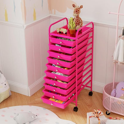 COSTWAY 10-Drawer Rolling Storage Cart, Utility Mobile Trolley with Removable Drawers & Universal Casters & 2 Brakes, Versatile Flexible Drawer Organizer Cart for Home, Office, Hot Pink