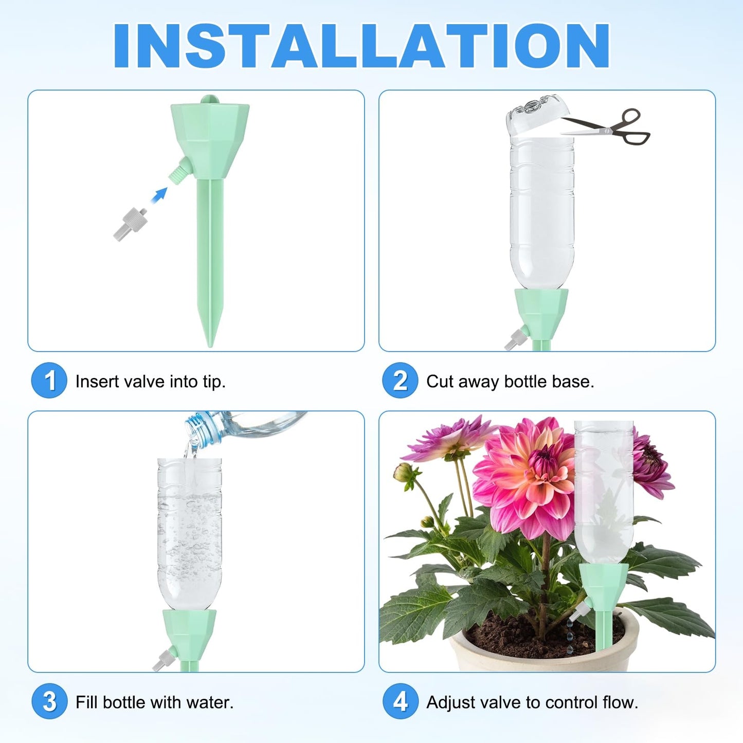 M METERXITY 8-Pack Self Watering Spikes for Plants, 5.3 Inch Plastic Plant Watering Devices with 8 Stoppers for Indoor/Outdoor Pots, Garden Water Planter System [Green]