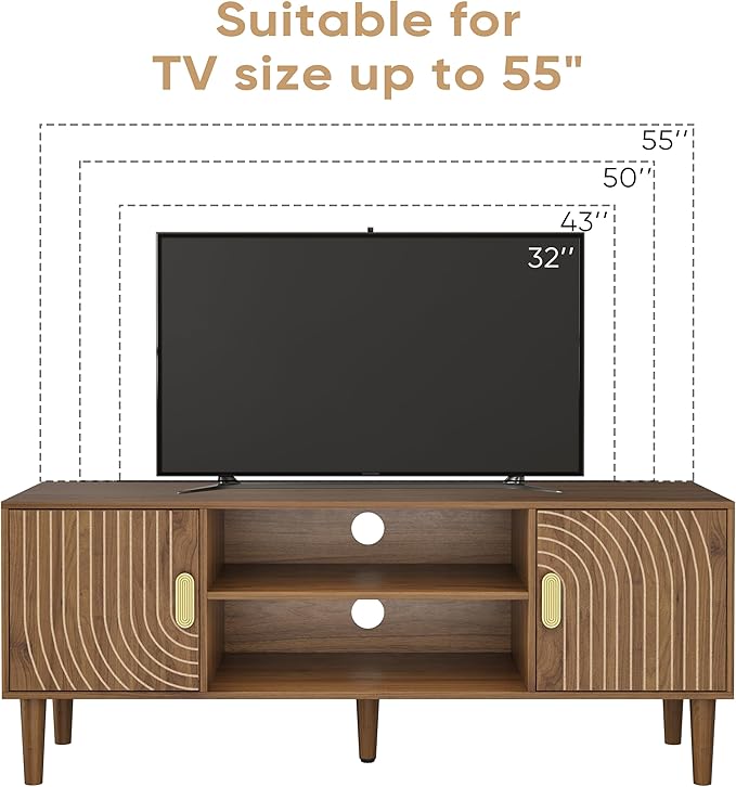 Smuxee Walnut TV Stand with Line Groove Design, 47.2" Mid Century Modern TV