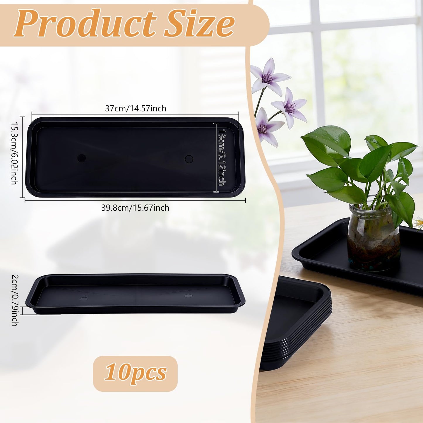 INTERWARM 10 Pack Rectangular Plastic Plant Saucers Tray, 15.67x6Inch Black Plant Water Drip Tray Large Plastic Plants Drip Trays for Indoors Outdoors Flower Pot Garden & Home Decor