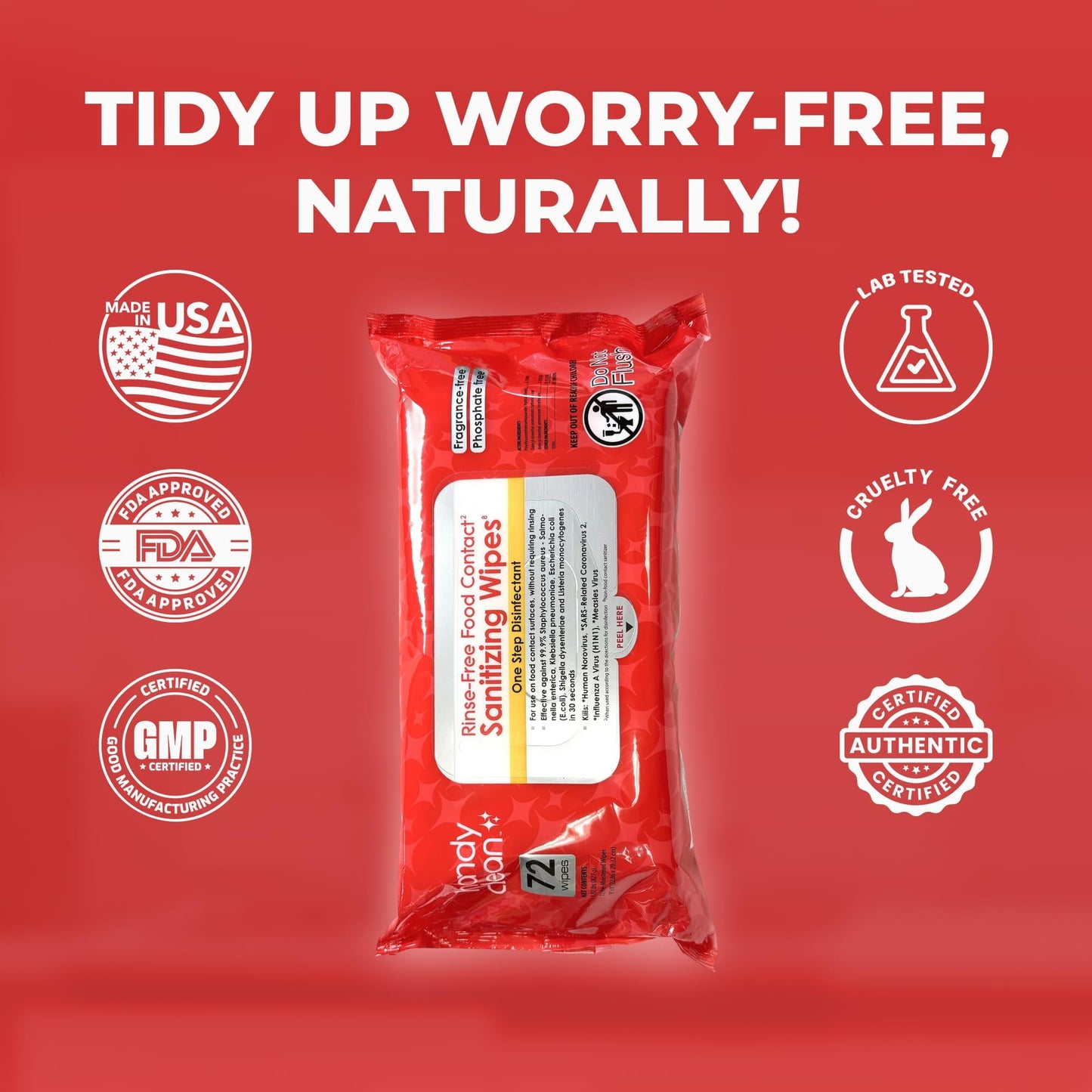 HandyClean Rinse-Free Food Contact Sanitizing Wipes Pouch, Multi Surface Cleaning Supplies for Kitchen and Professional Setting - 1 pack, 71 count