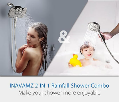 INAVAMZ Nickel 2.5GPM Shower Head with Handheld High Pressure: 10” Rainfall Shower Head & HandHeld Shower Head, 9 Spray Settings Detachable Shower Head with ON/OFF Switch and 15-Stage Filter