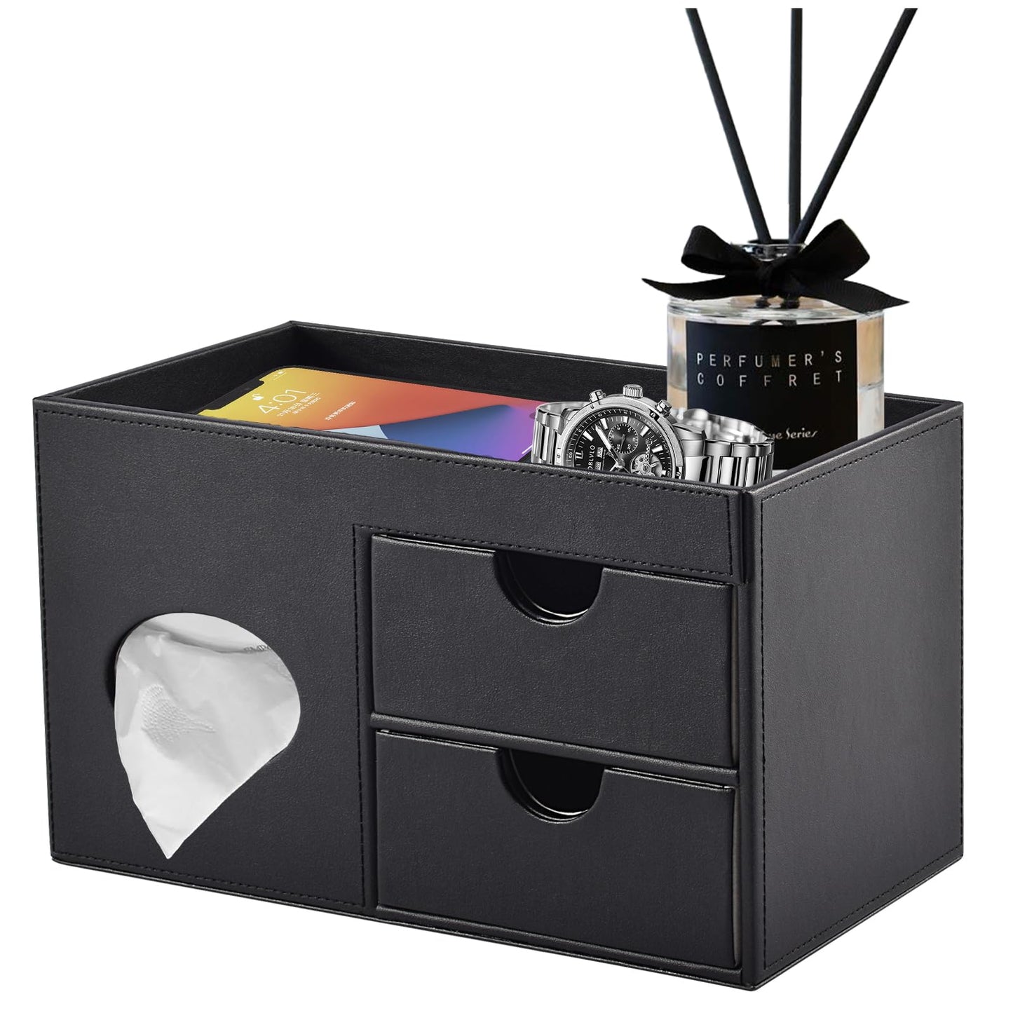 RHCSZ Square Tissue Box Cover with Drawers,Tissue Box Holder with Storage Tray, Makeup Organizer and Desk Organizer,Tissue Holders Decorative for Bathroom Vanity NightStand Dressing Table (Black)