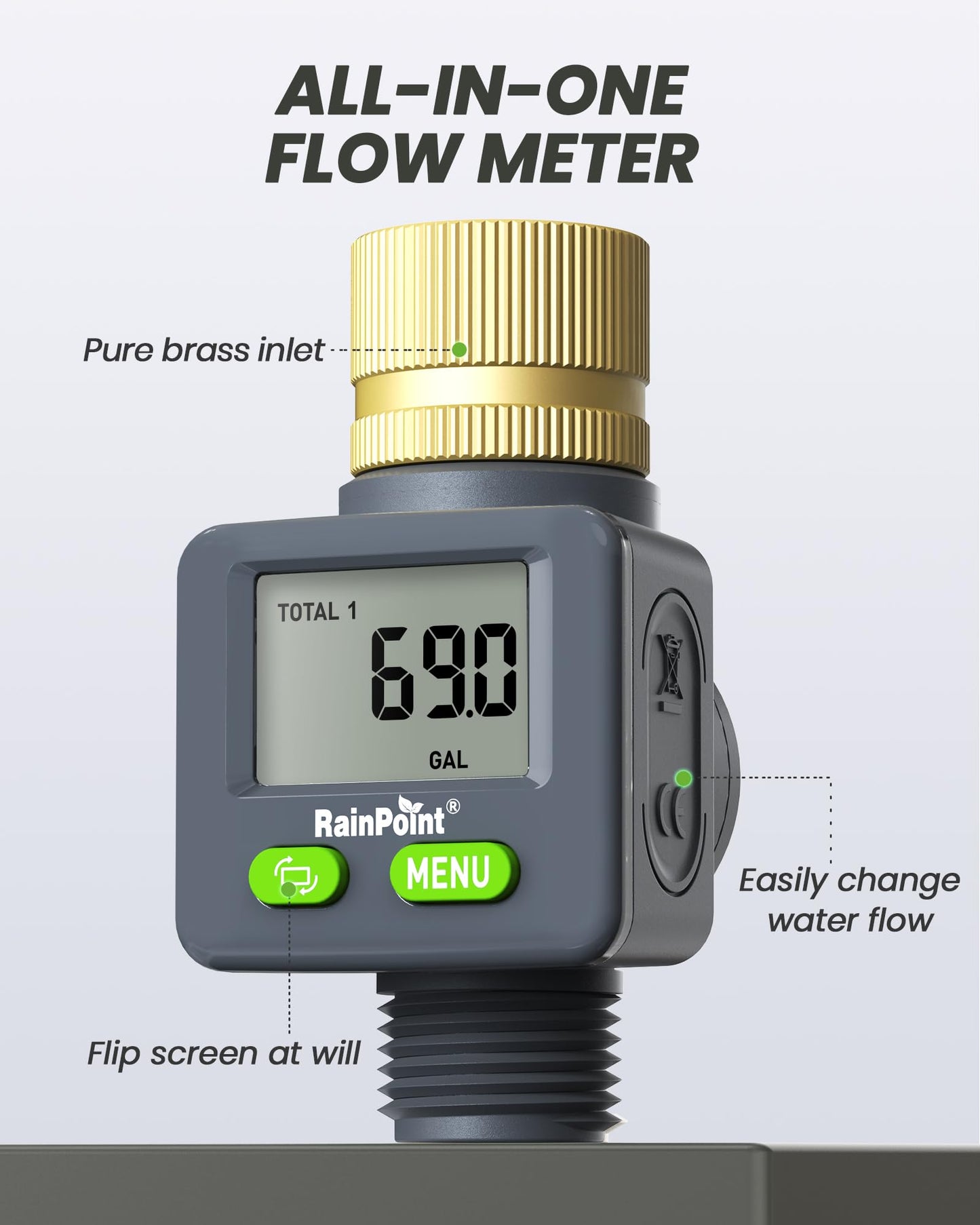 Rainpoint Water Flow Meter with Brass Inlet, 180°Screen-Flip Garden Hose Flow Meter, Measure up to 9999.9 Gallon/Liter Consumption & Flow Rate for RV, Garden Hose, Sprinkler & Nozzle Sprayer