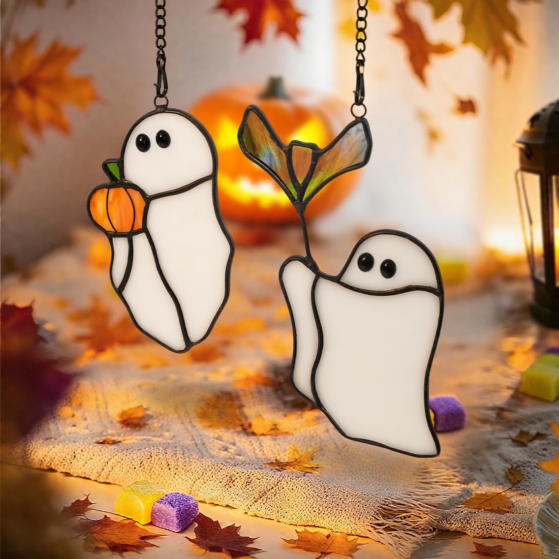 LITEPEDIA Ghosts Decor Stained Glass Window Hangings,Halloween Bat Ornament Stained Glass Suncatcher for Window,Cute Ghosts Gifts for Girls Boys,Funny Halloween Pumpkin Party Decor