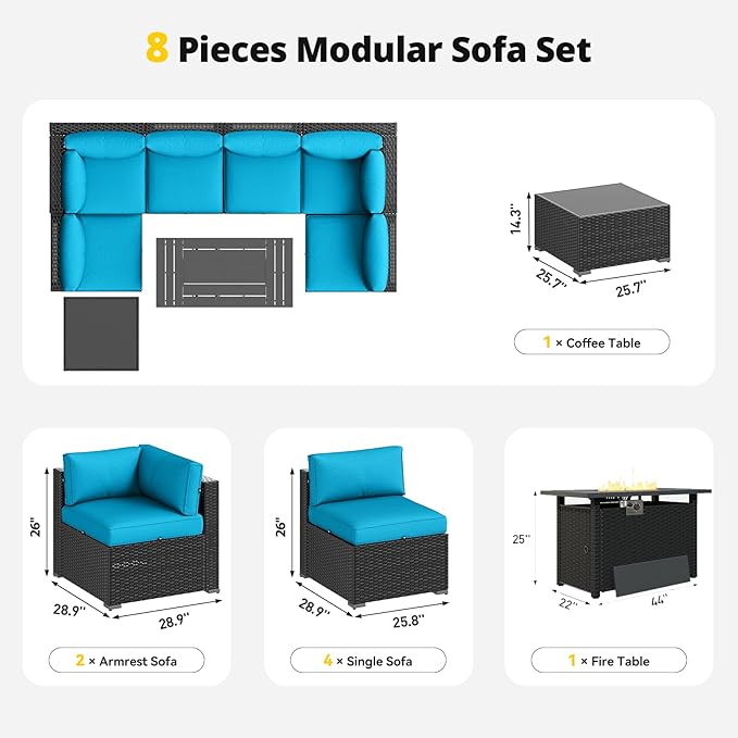 Aoxun Patio Furniture Set with Fire Pit Table, 8 Piece Outdoor Sectional Sofas