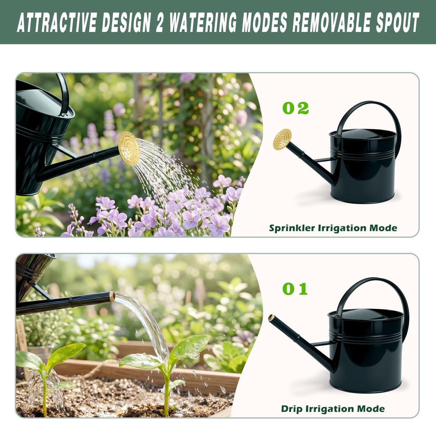 LONGRUN 2.5 Gallon Dark Green Metal Watering Can for Plants and Garden with Removable Spout, Made of Galvanized Iron