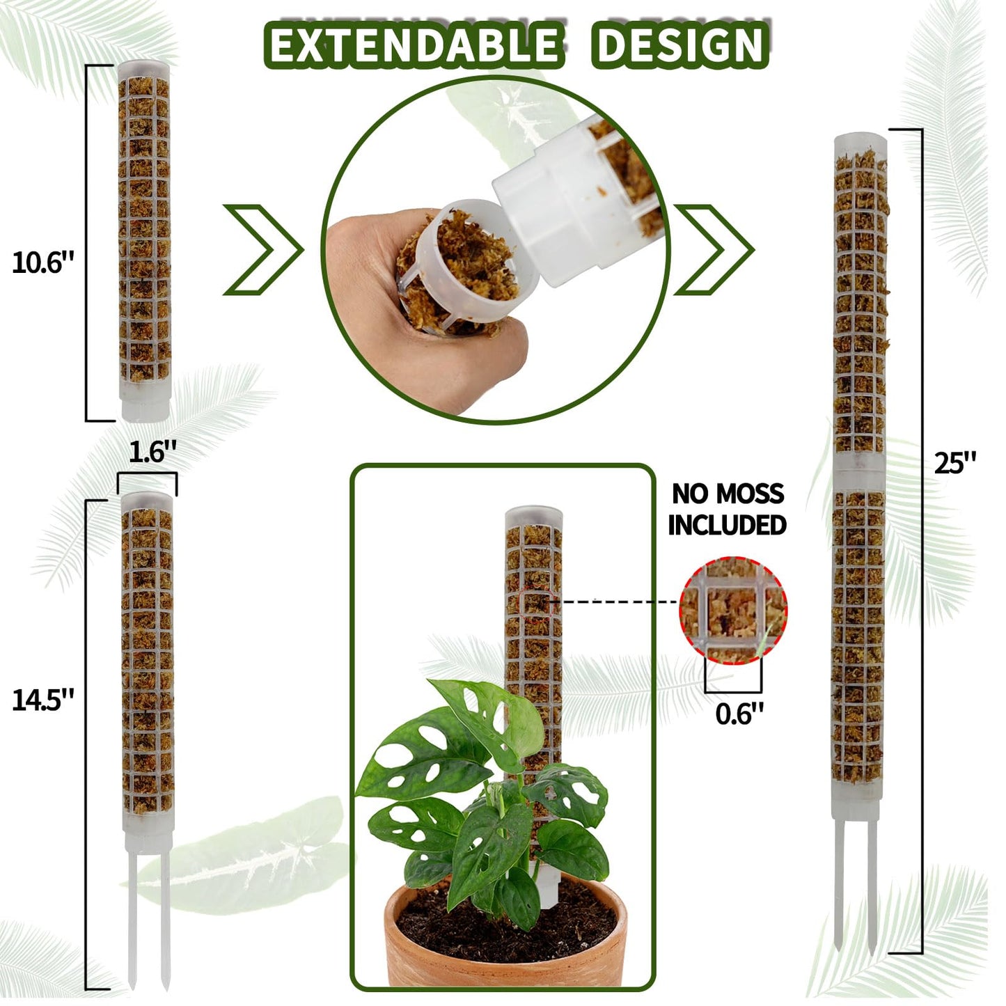 Small Moss Pole for Monstera - Stackable & Refillable Plastic Moss Poles for Climbing Plants with Large Mesh Design (4Pack-White-Small)