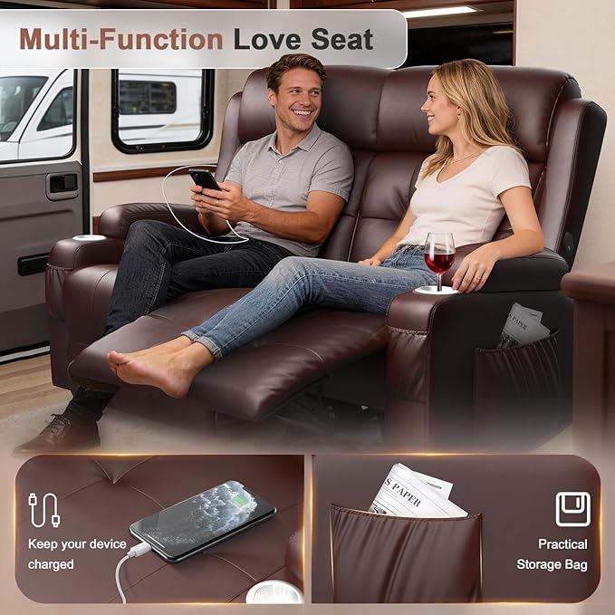 Reclining Loveseat, 55.1" RV PU Leather Wall Hugger Recliner Love Seats Sofa